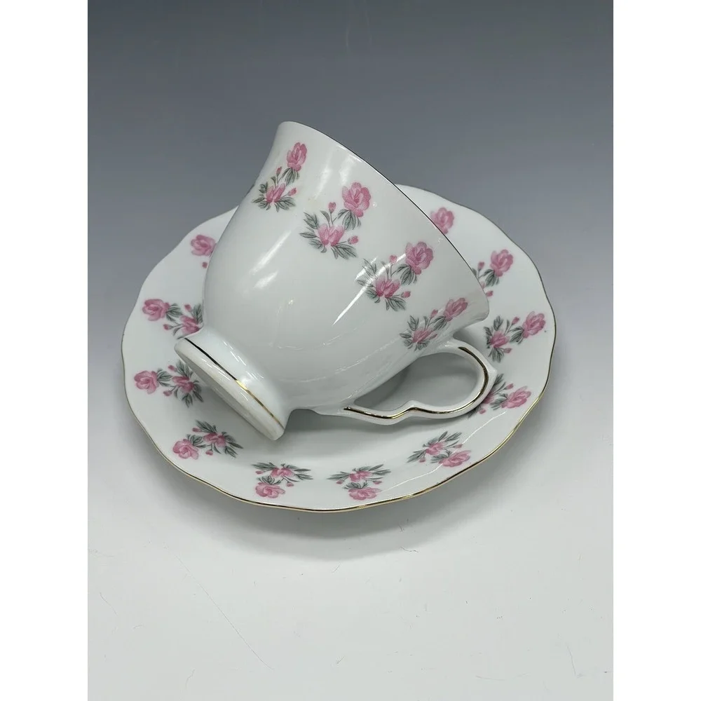 Floral Fine Porcelian China Coffee‎ Teacup Cup and Saucer Pink Ivory A50